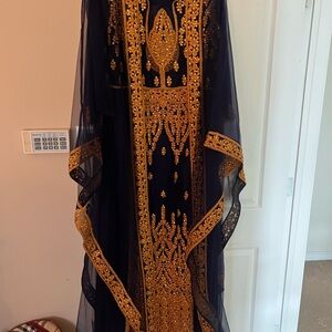 Elegant Navy and Gold Kaftan Maxi Dress